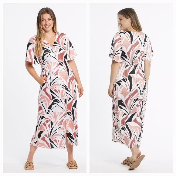 Tribal Femme Pink Tropical Maxi Shirt Dress V-Neck Womens Size Medium Flowy - Picture 1 of 12